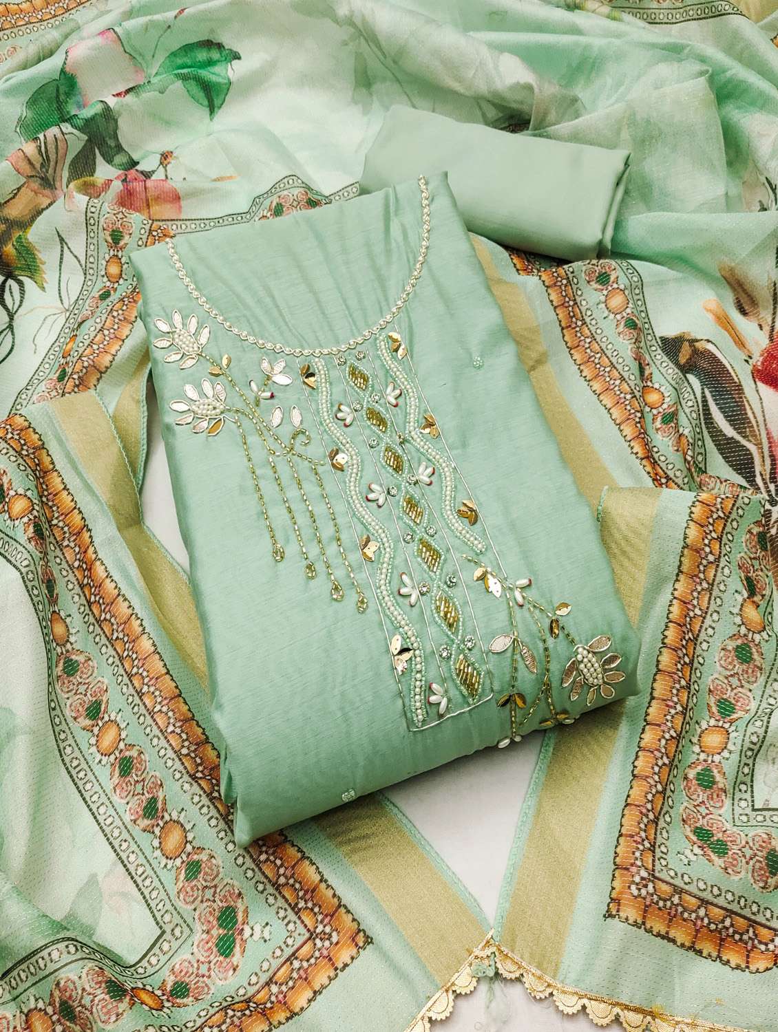 women solid with work unstitched suit set