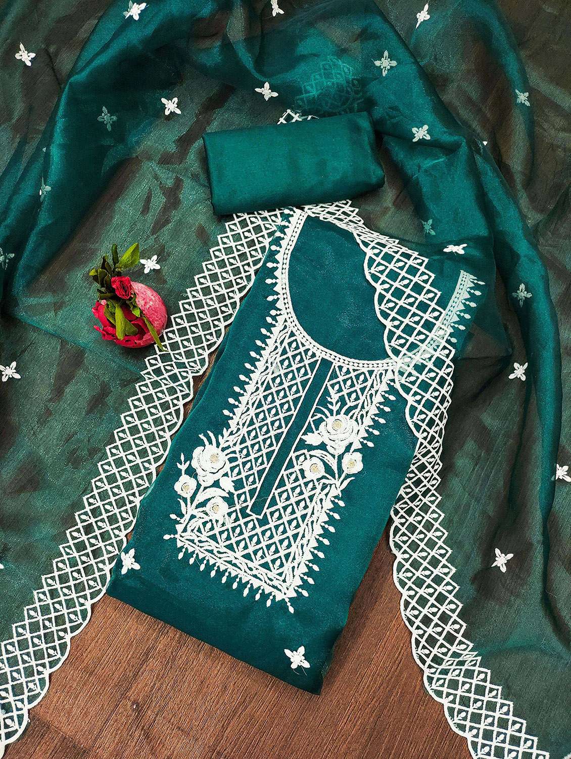 women solid with work unstitched suit set