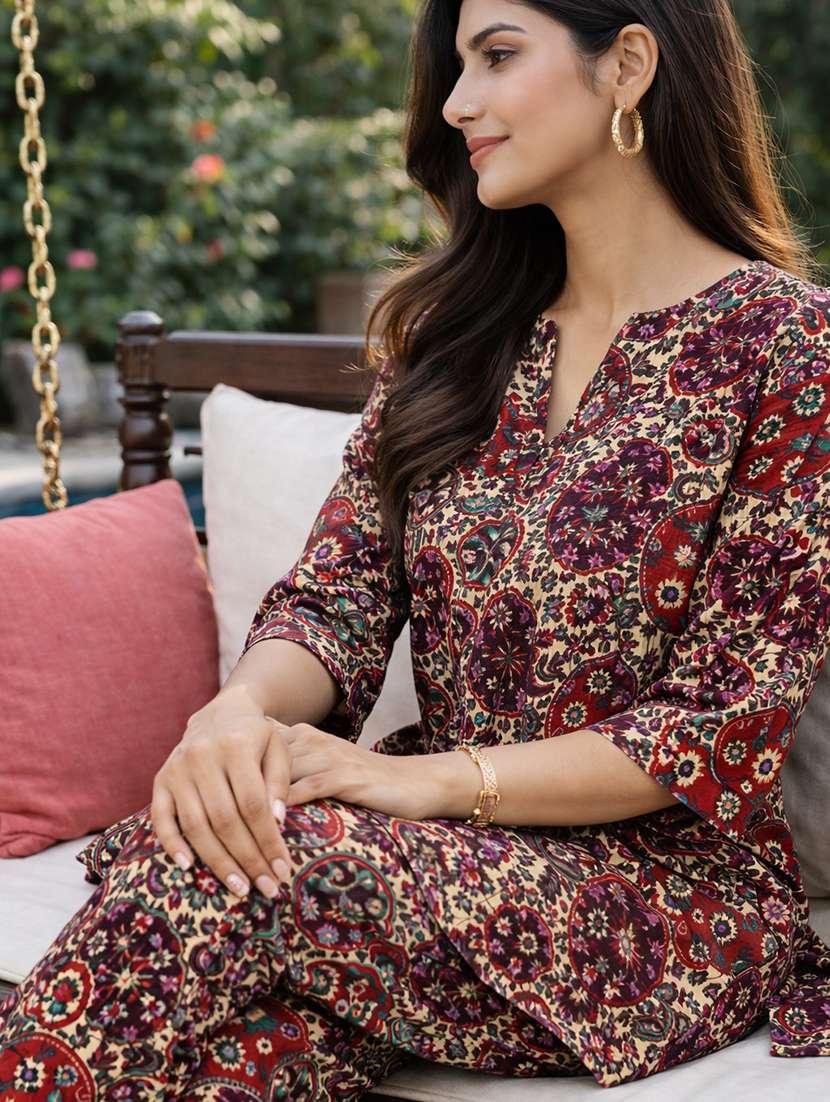 women printed three quarter sleeve ethnic co-ord set - 22416282 -  Standard Image - 3