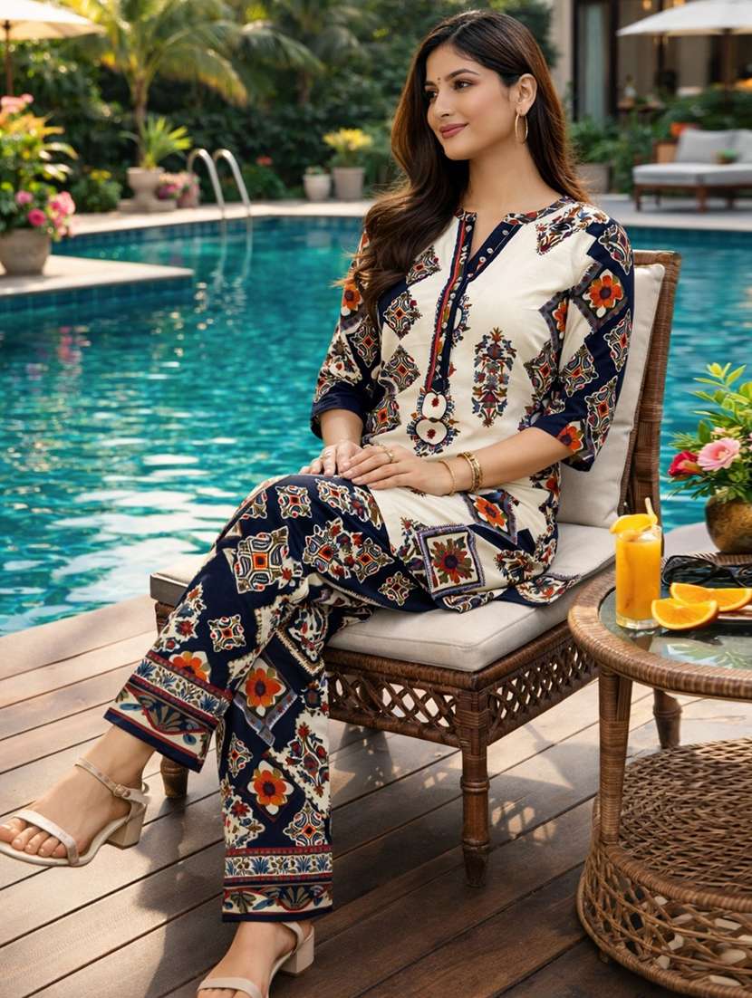 women printed three quarter sleeve ethnic co-ord set