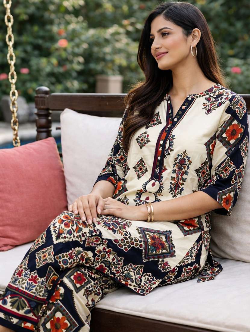 women printed three quarter sleeve ethnic co-ord set - 22416283 -  Standard Image - 3