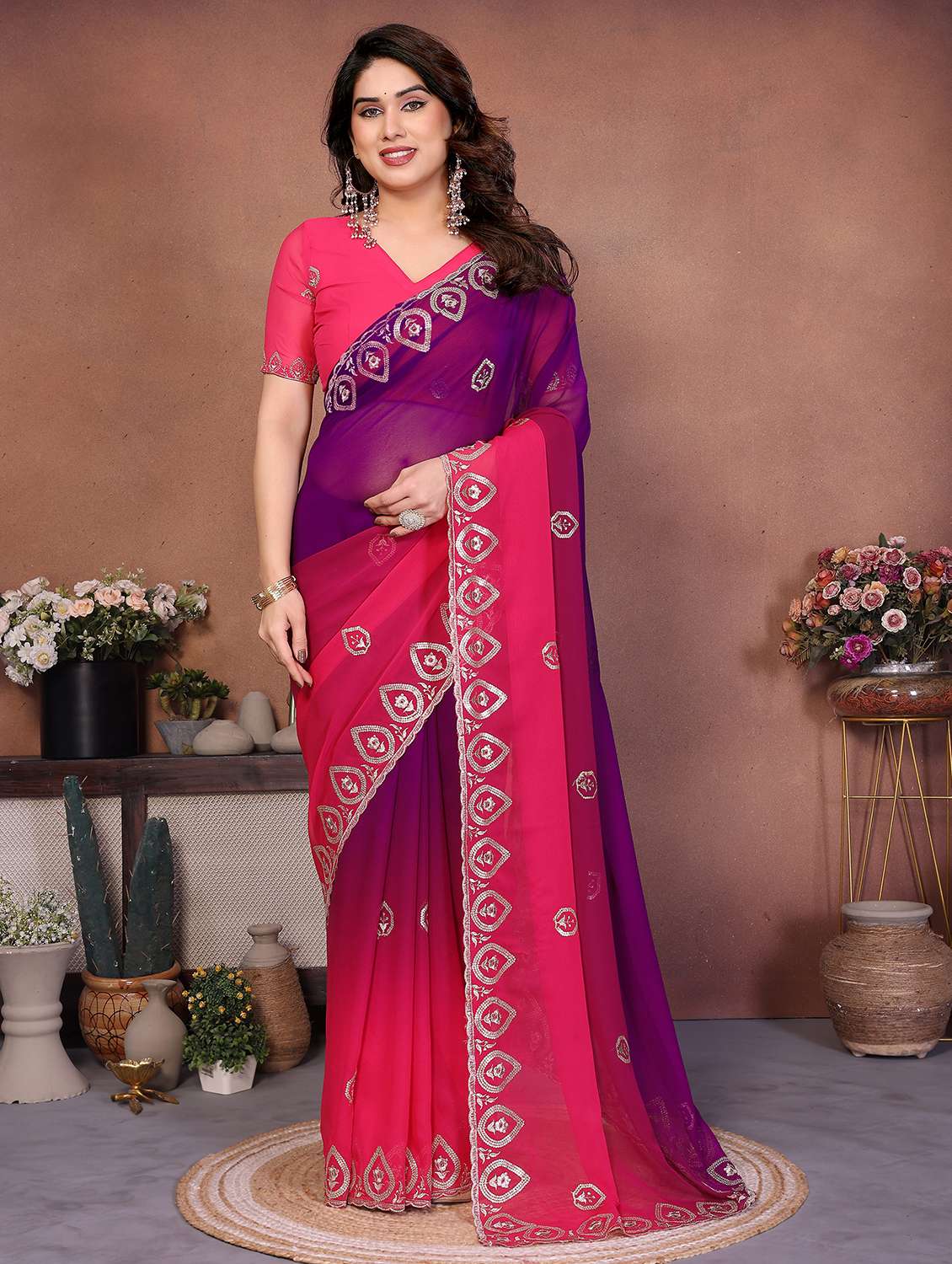 women ombre embroidered saree with blouse