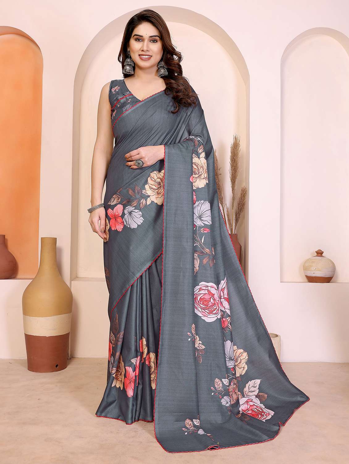 women floral printed saree with blouse