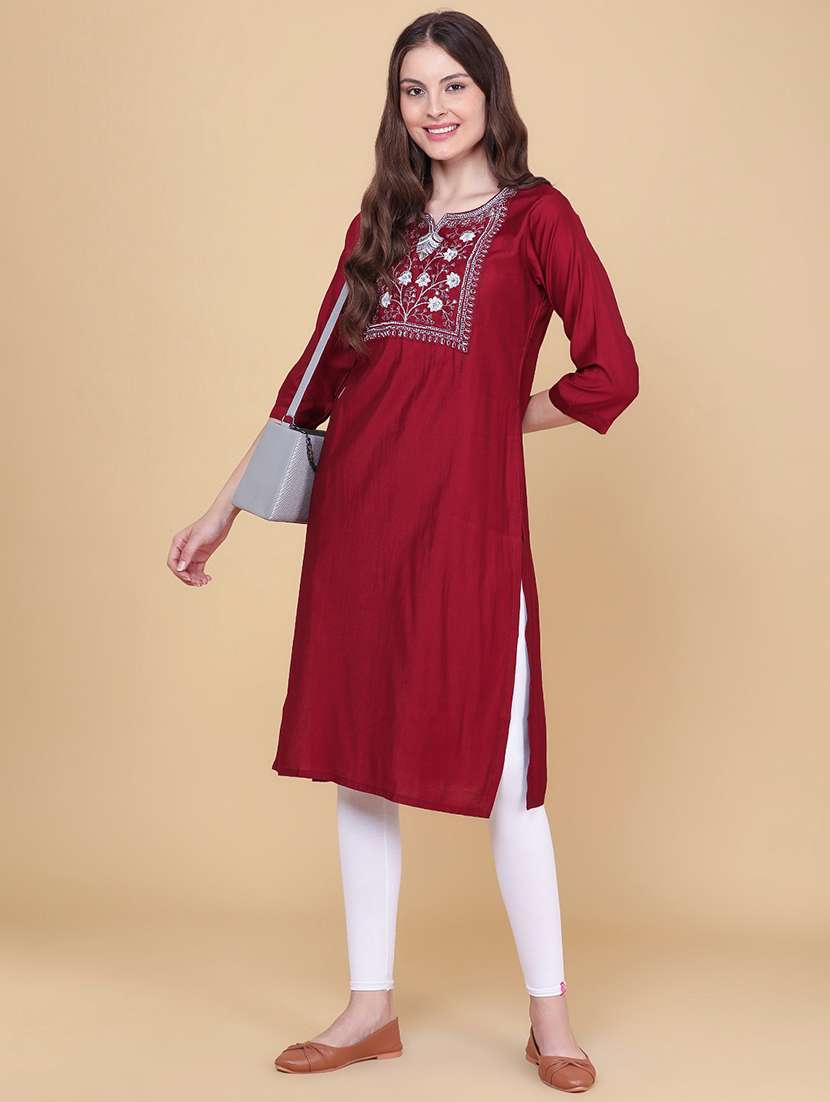 women embroidered three quarter sleeve straight kurta