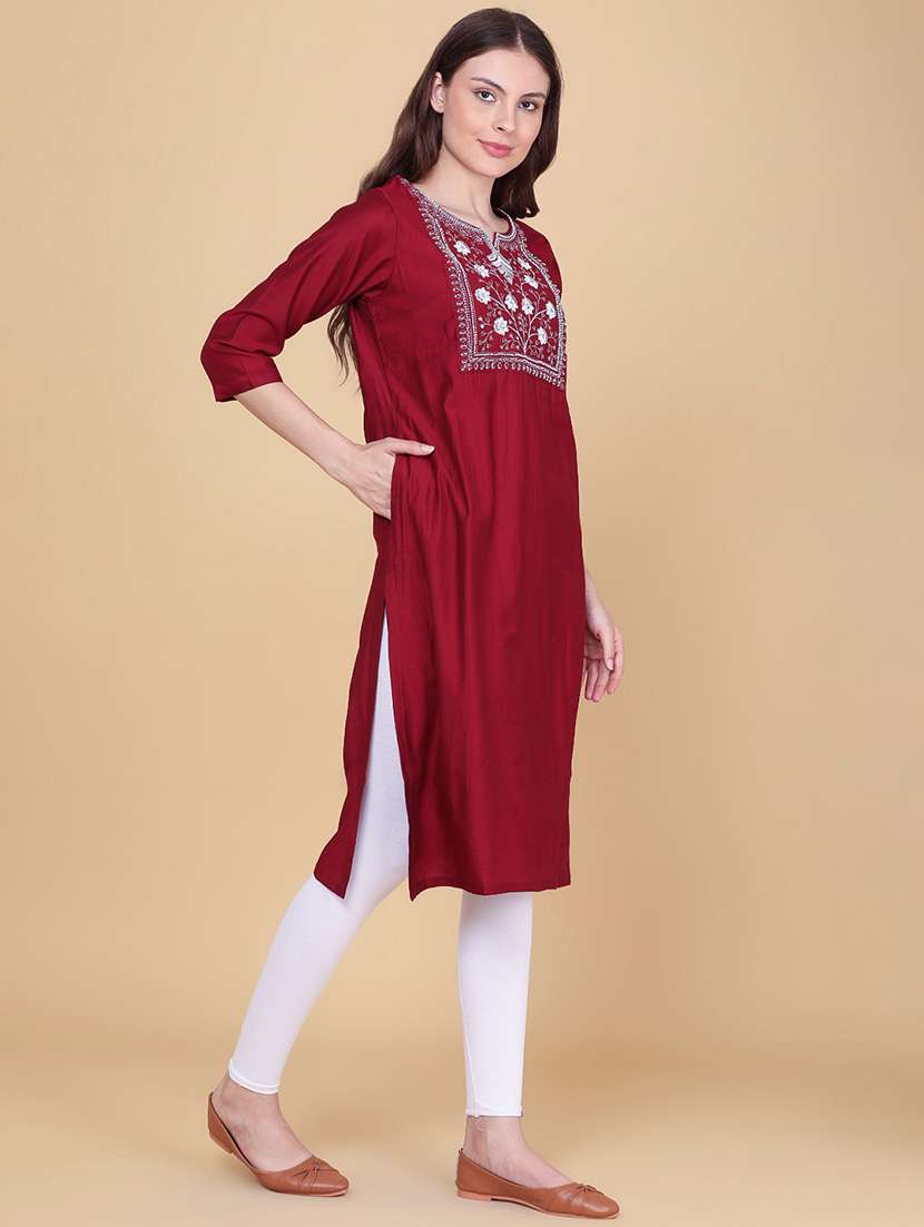Women Embroidered Three Quarter Sleeve Straight Kurta - 22417361 -  Standard Image - 3