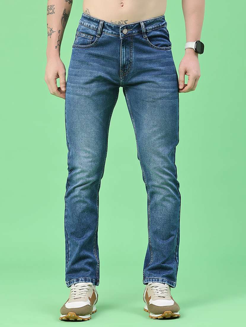 men washed mid rise full length slim fit jeans