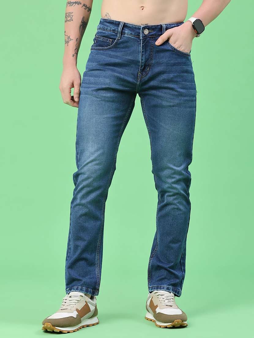men washed mid rise full length slim fit jeans