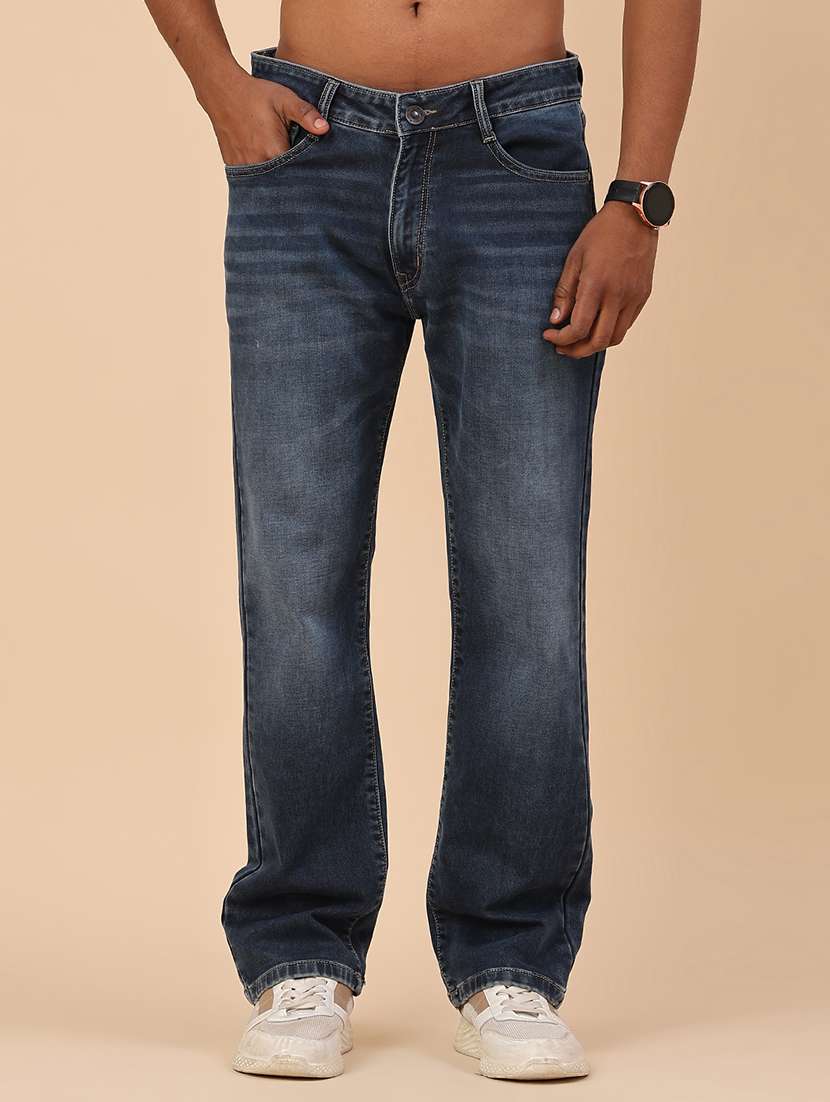 men washed mid rise full length straight jeans