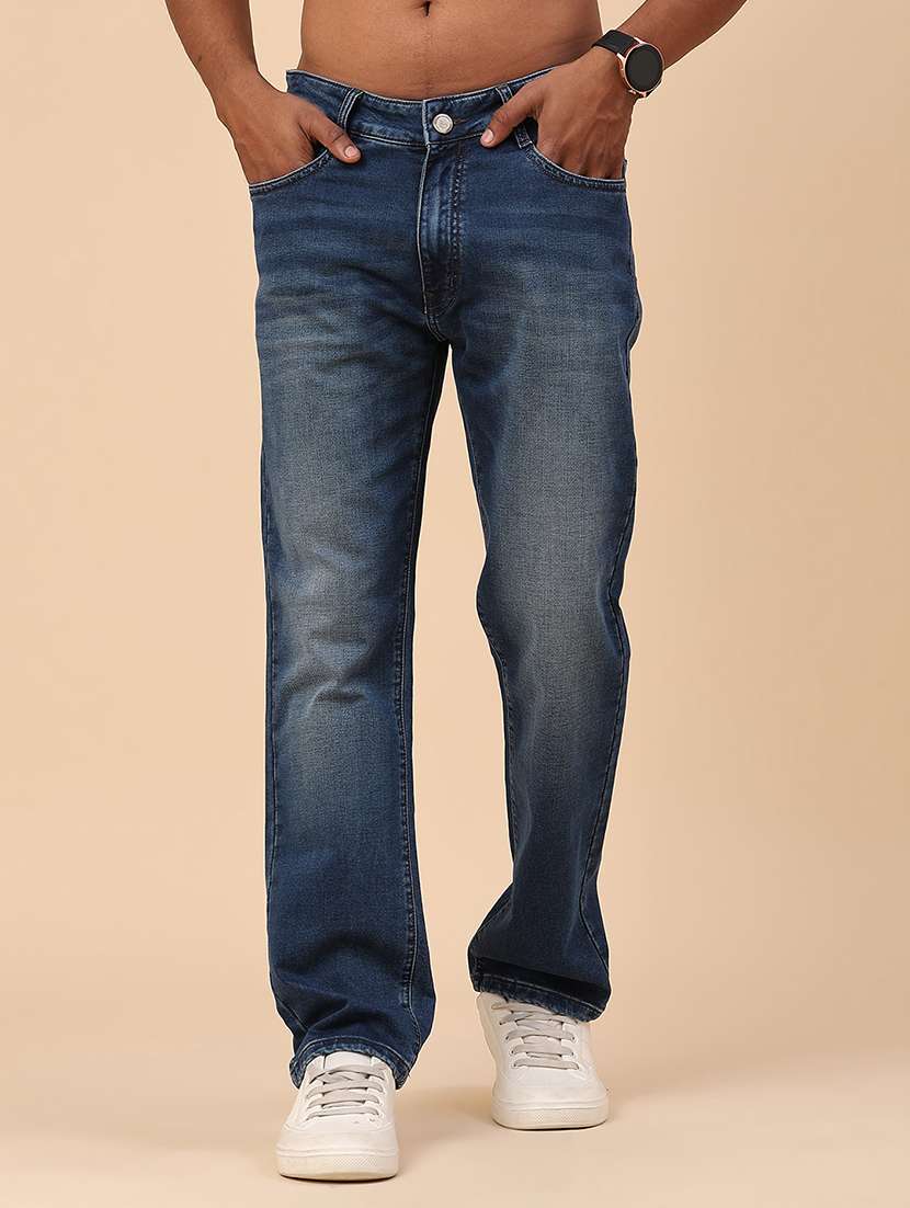 men washed mid rise full length straight jeans