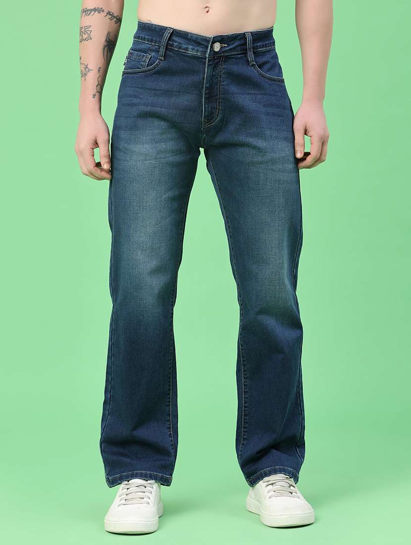 men washed mid rise full length straight jeans