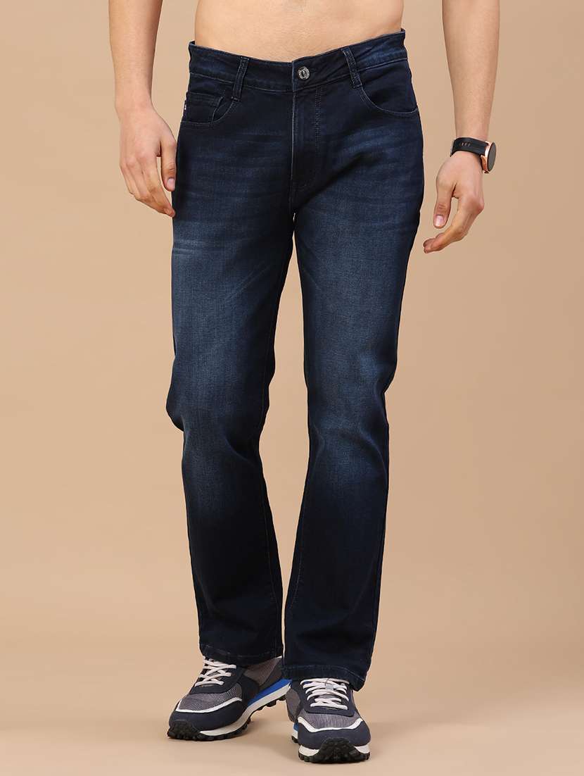men washed mid rise full length straight jeans