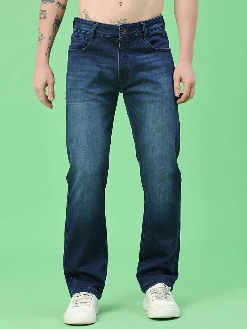 men washed mid rise full length straight jeans