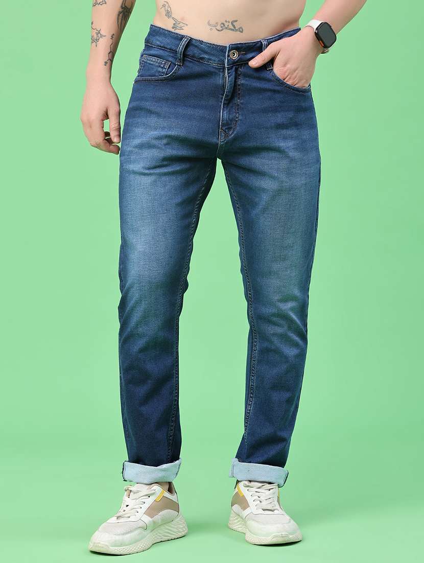 men washed mid rise full length tapered jeans