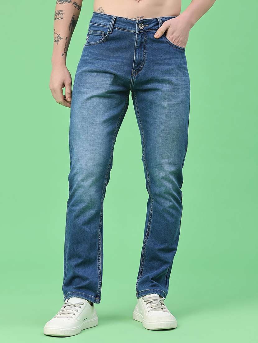 men washed mid rise full length slim fit jeans
