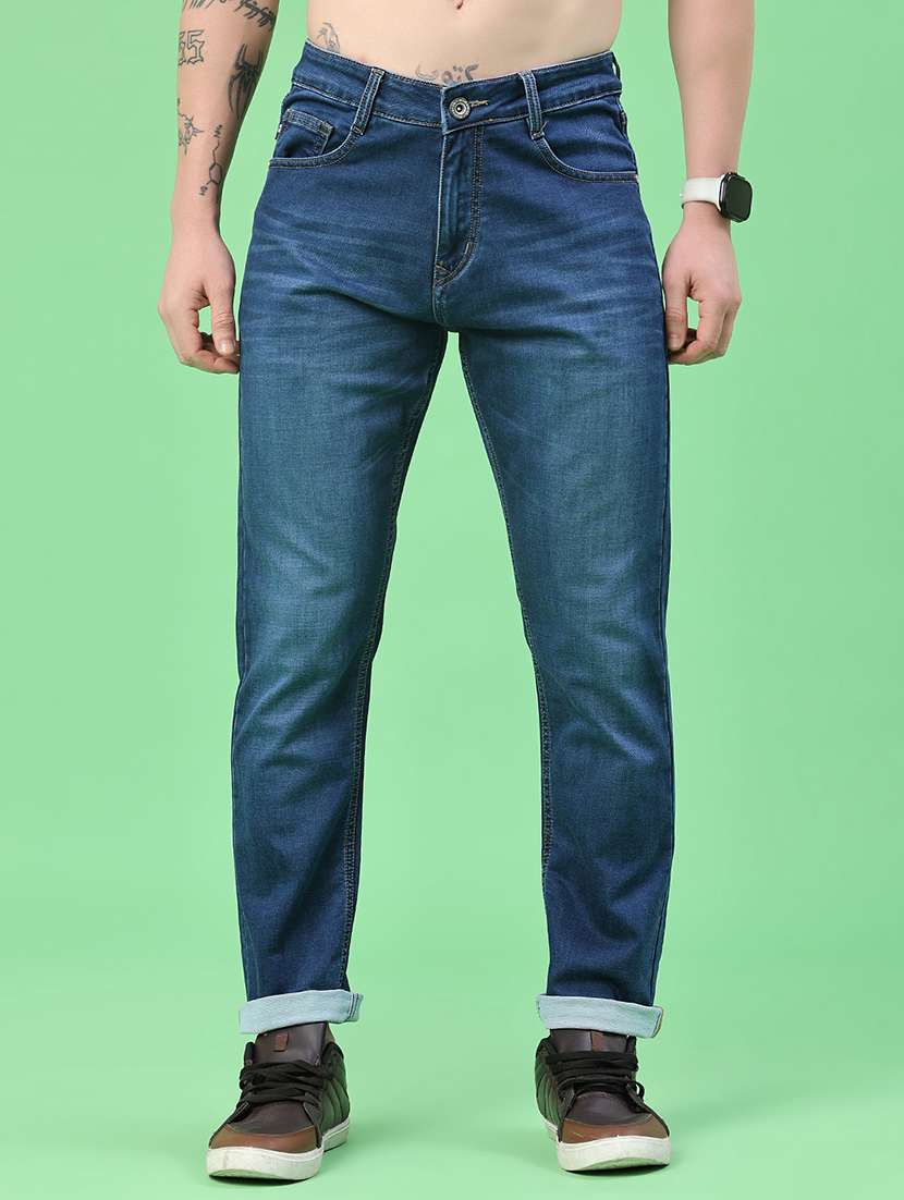men washed mid rise full length tapered jeans