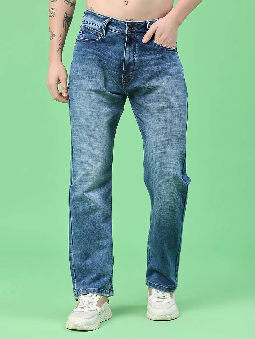 men washed mid rise full length straight jeans