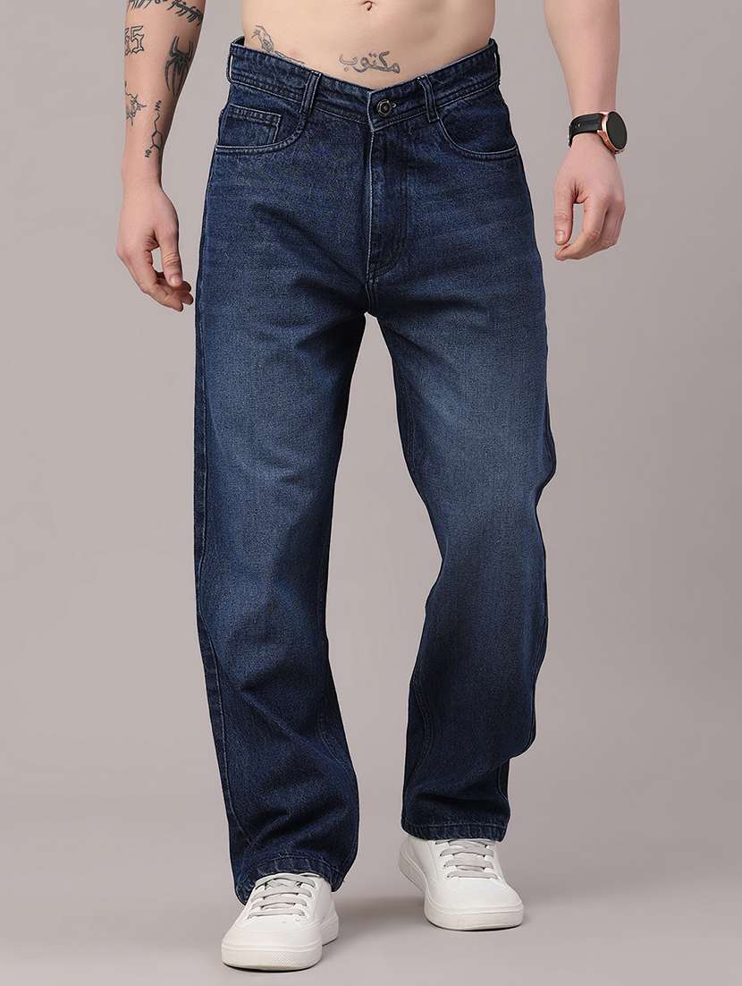 men washed mid rise full length baggy jeans