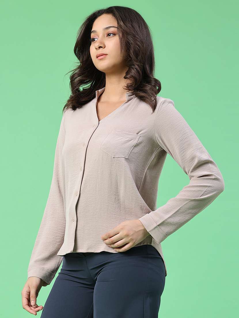 women solid long sleeves collared shirt - 22417574 -  Standard Image - 3