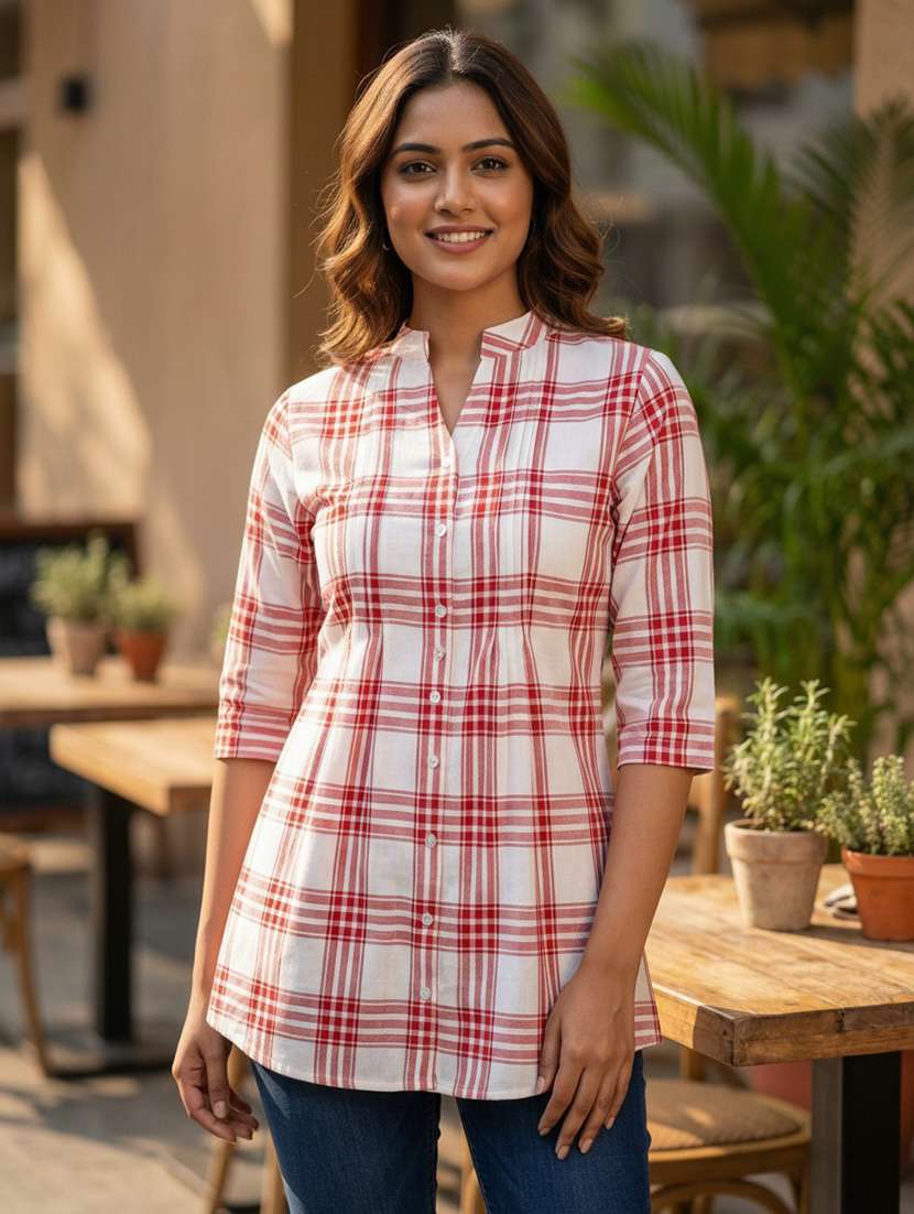 women checkered three quarter sleeve a-line tunic