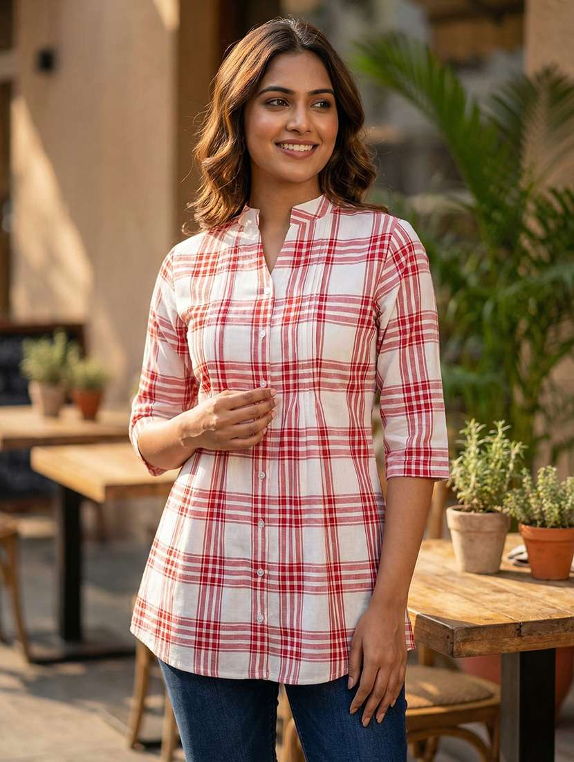 women checkered three quarter sleeve a-line tunic - 22417699 -  Standard Image - 3