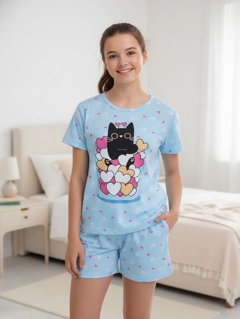 blue cotton shorts set nightwear