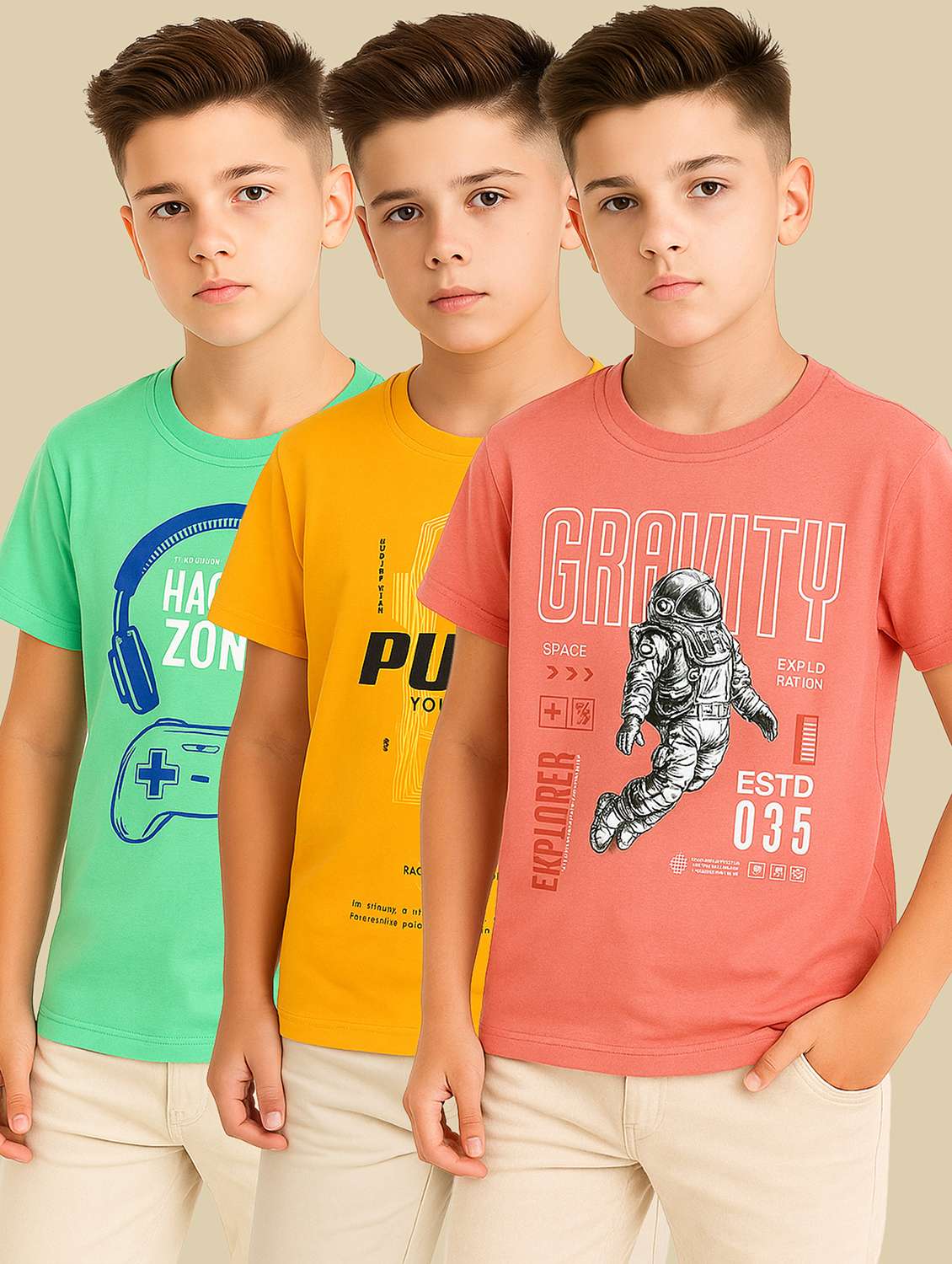 boys pack of 3 printed round neck t-shirt
