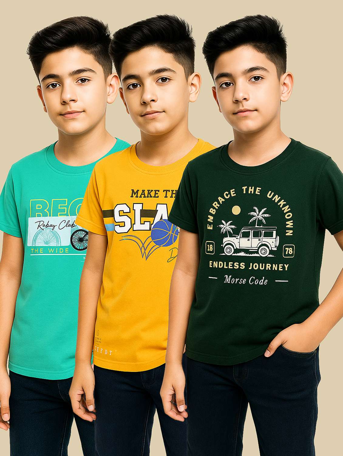 boys pack of 3 printed round neck t-shirt