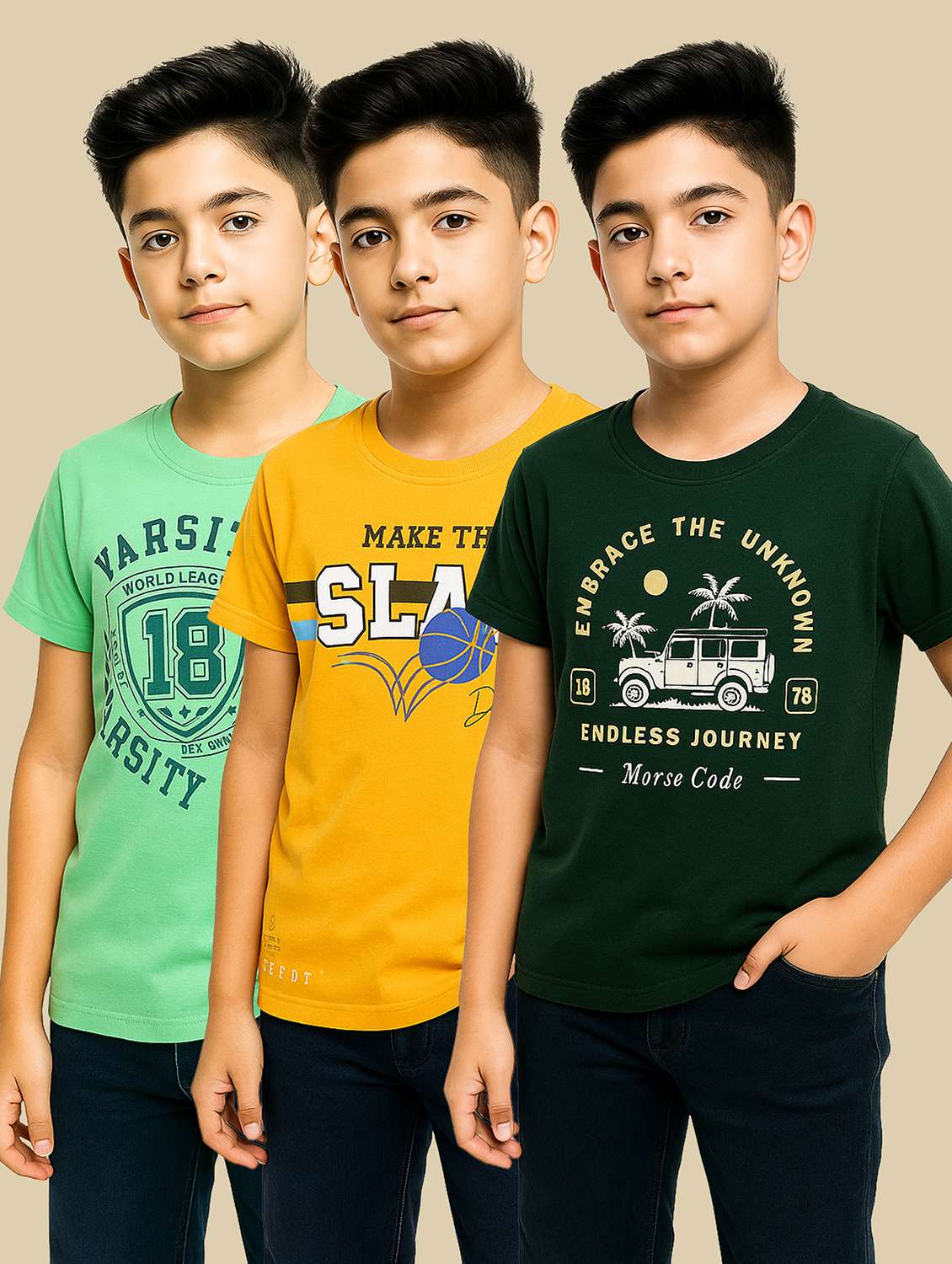 boys pack of 3 printed round neck t-shirt