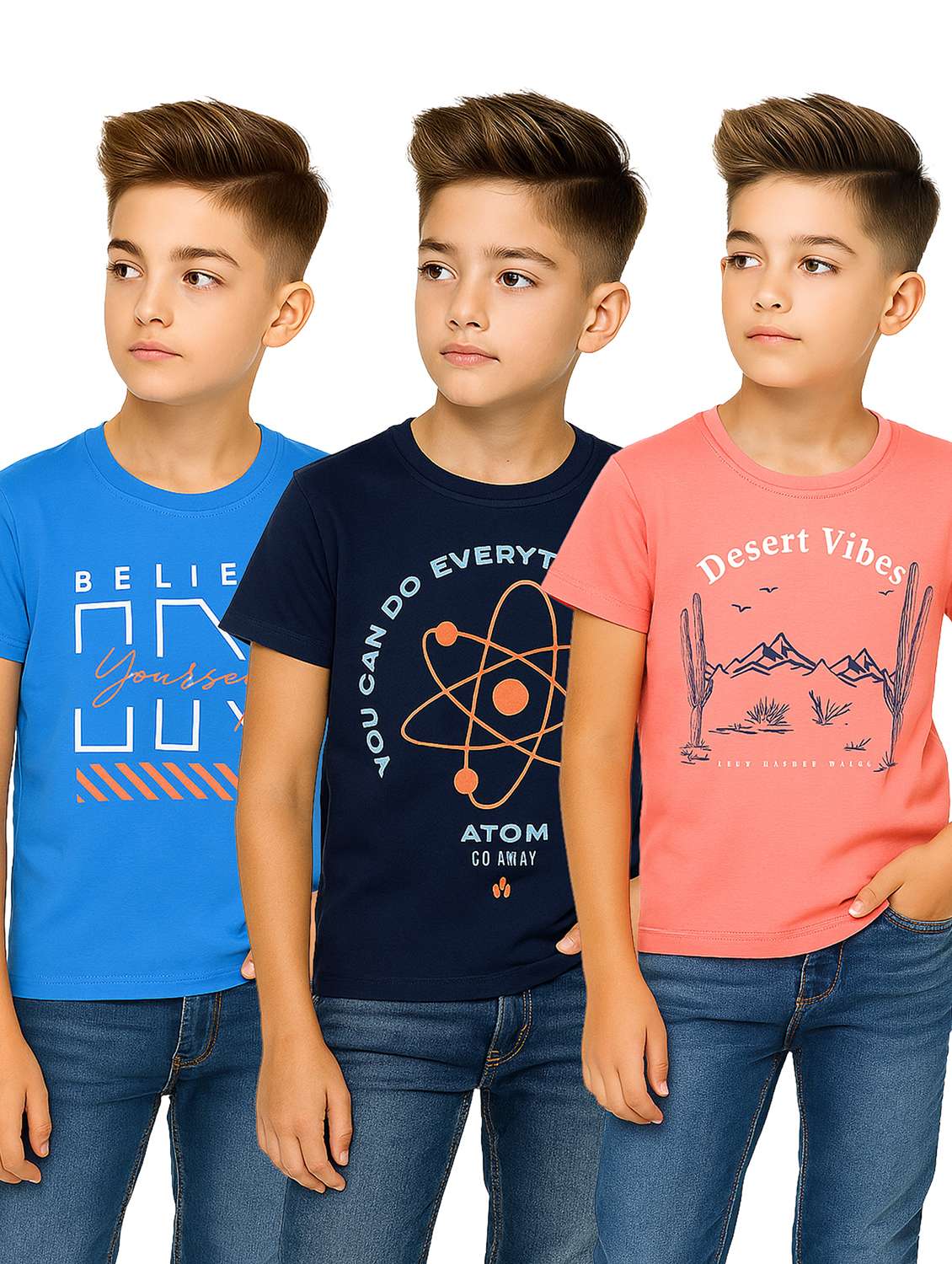 boys pack of 3 printed round neck t-shirt
