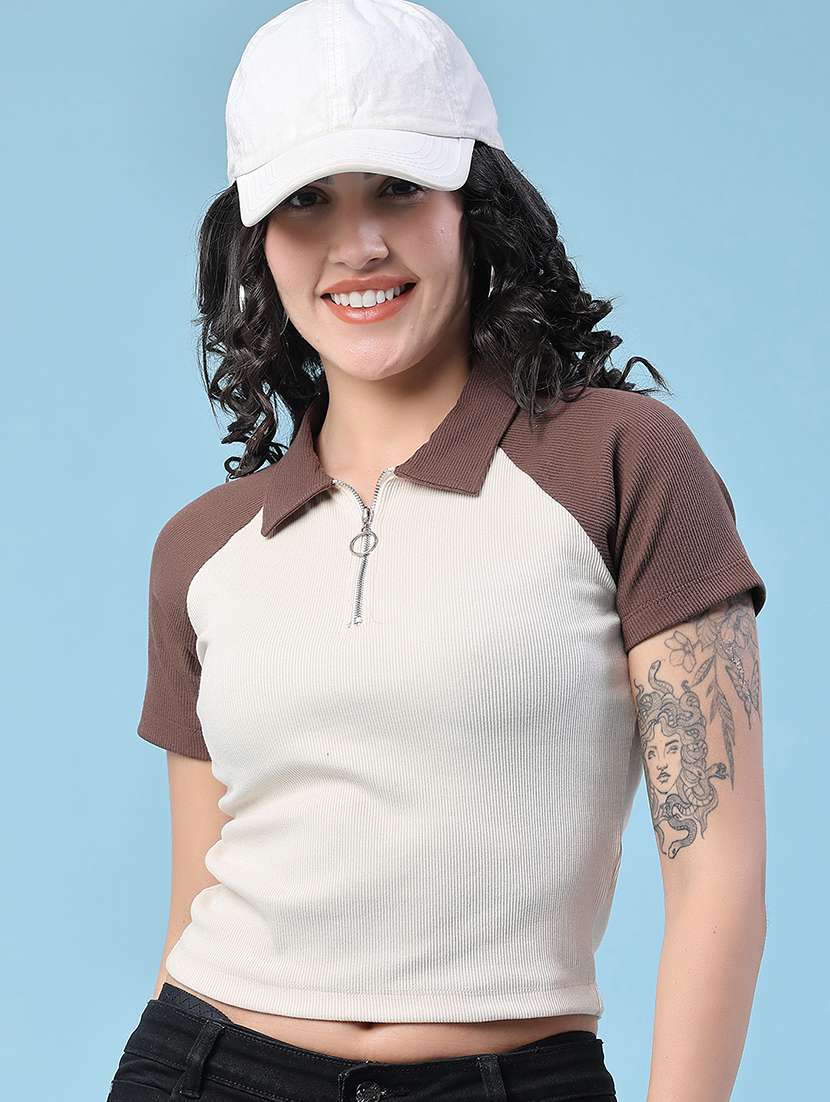 women colourblocked short sleeves crop t-shirt