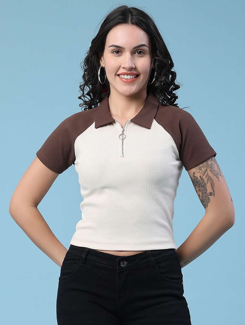 women colourblocked short sleeves crop t-shirt - 22419558 -  Standard Image - 3