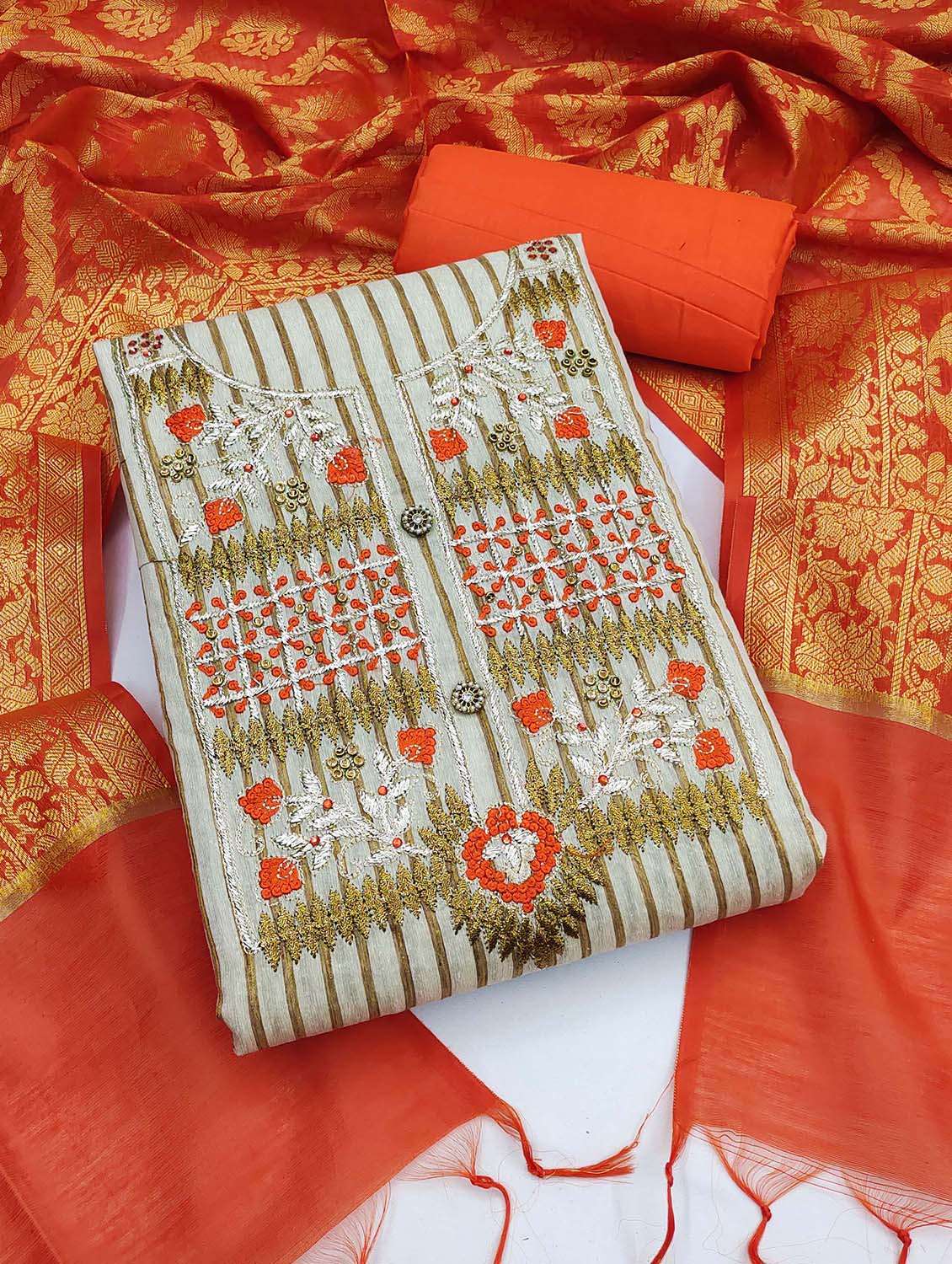 women striped embroidered unstitched suit set