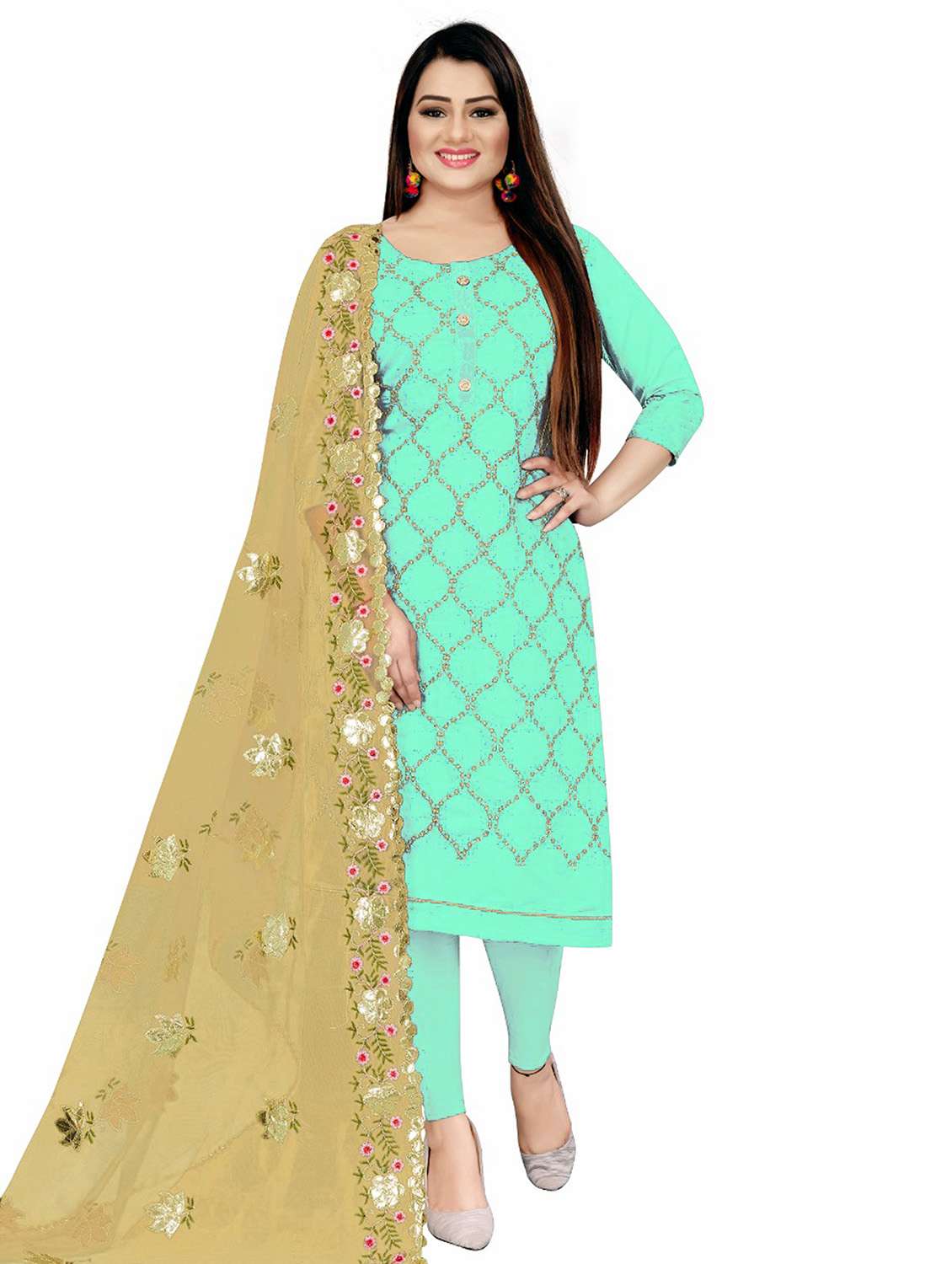 women solid with work unstitched suit set