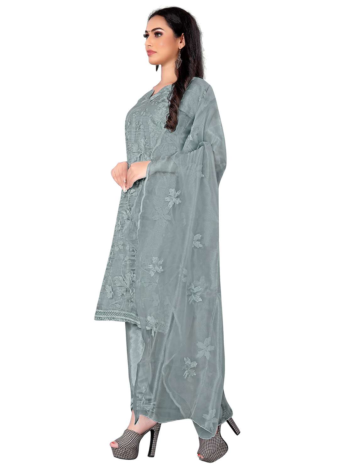 Women Solid With Work Unstitched Suit Set - 22419993 -  Standard Image - 3