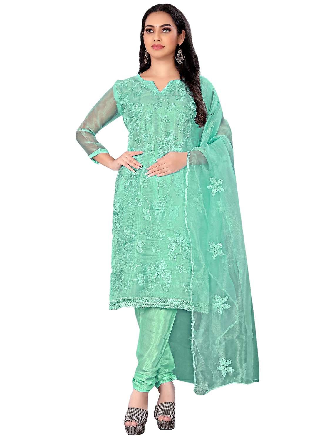 women solid with work unstitched suit set