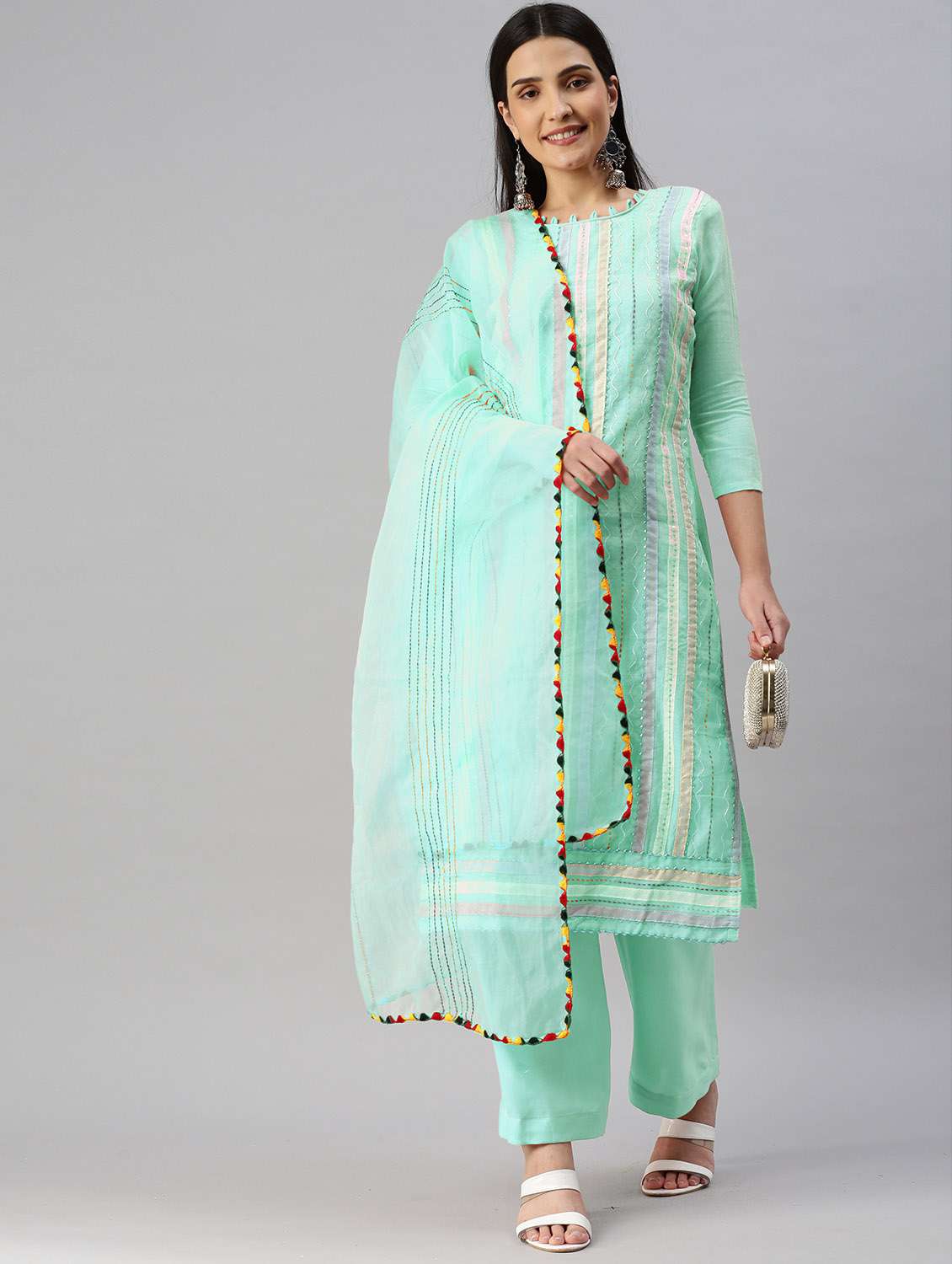 women solid with work unstitched suit set