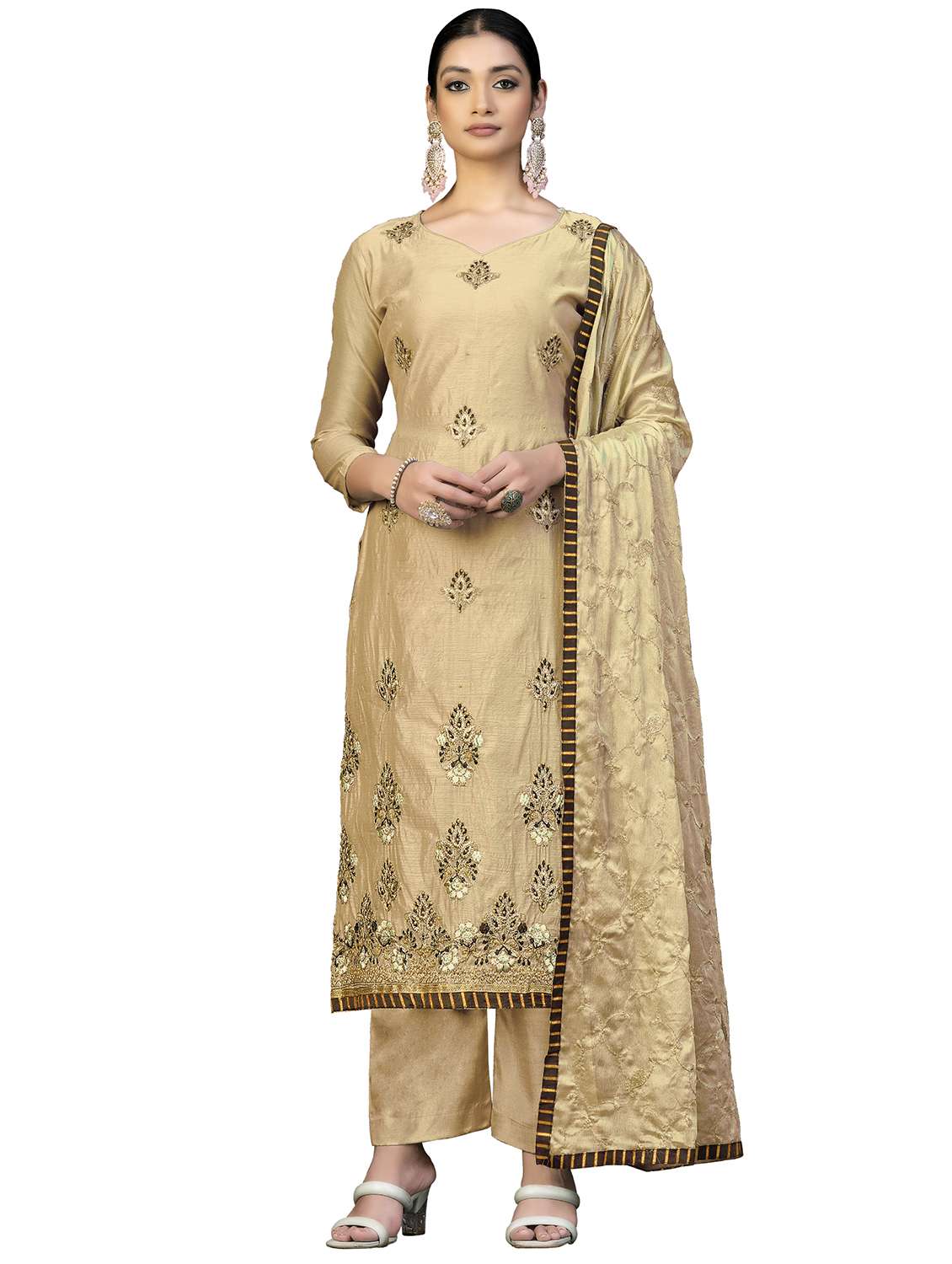 women solid with work unstitched suit set