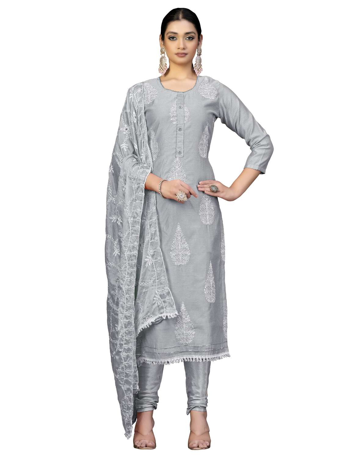 women solid with work unstitched suit set