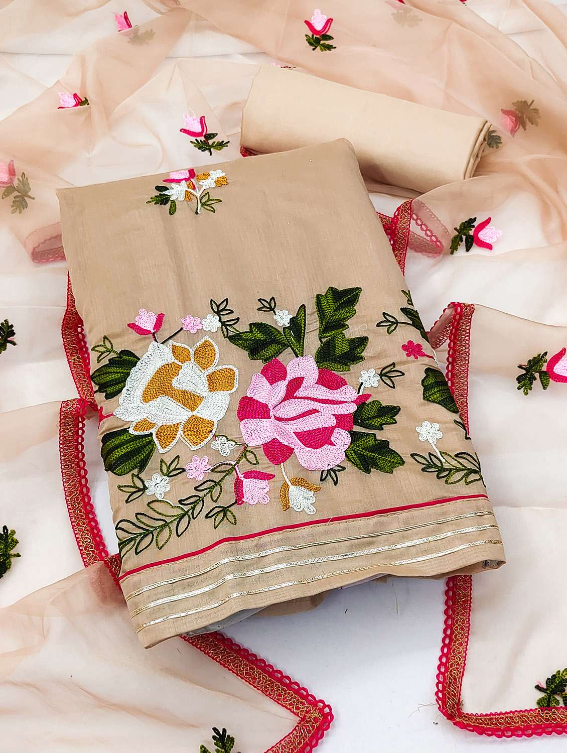 women solid with work unstitched suit set