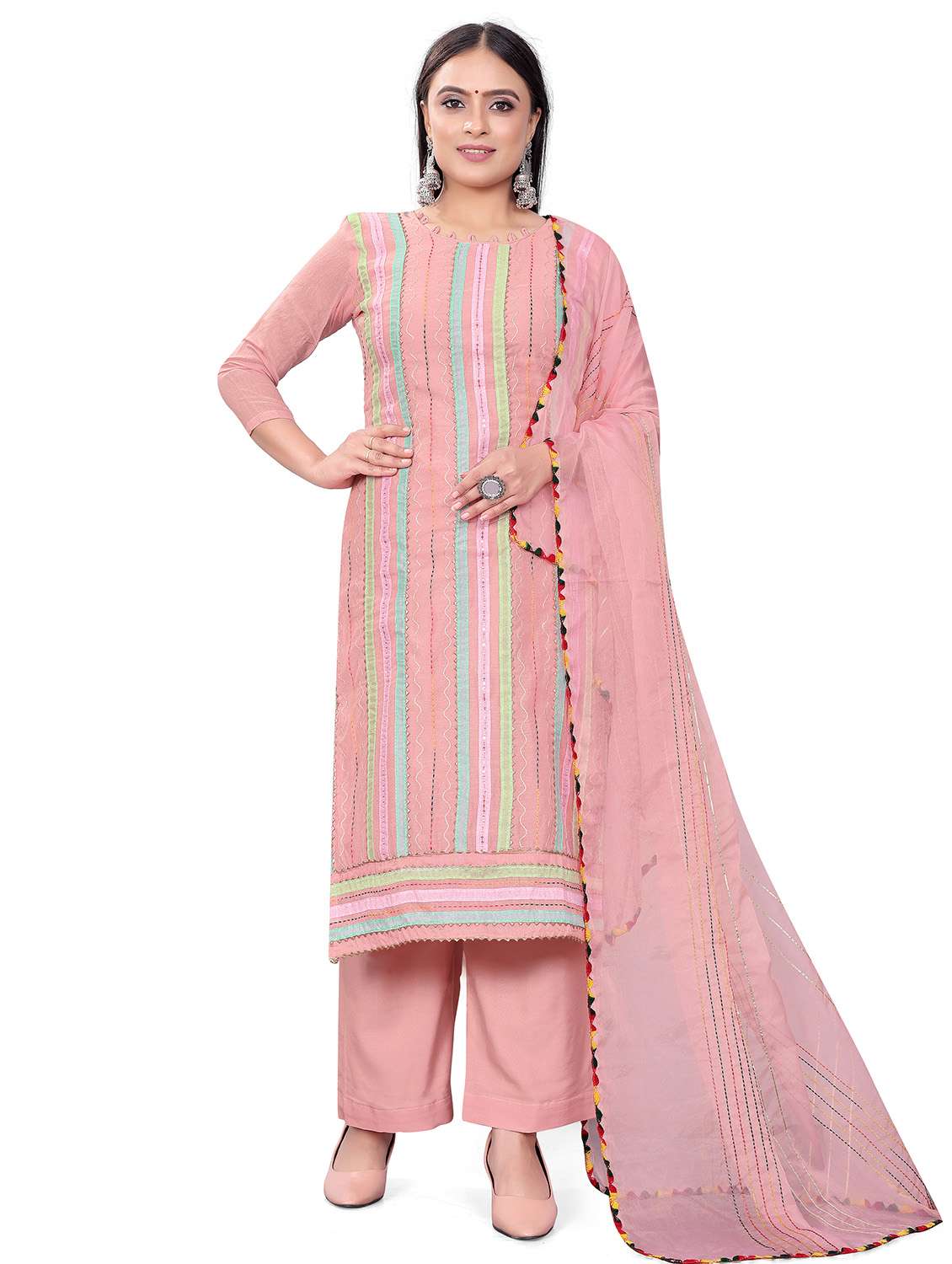 women solid with work unstitched suit set