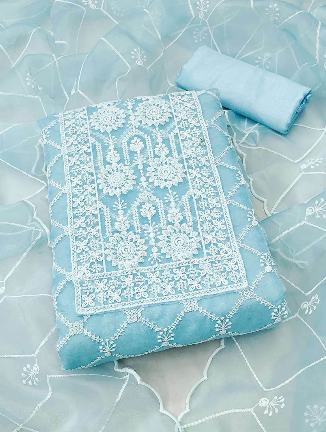 women solid with work unstitched suit set