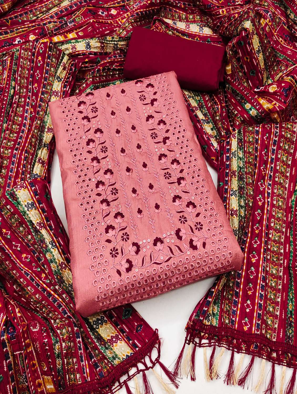 women solid with work unstitched suit set