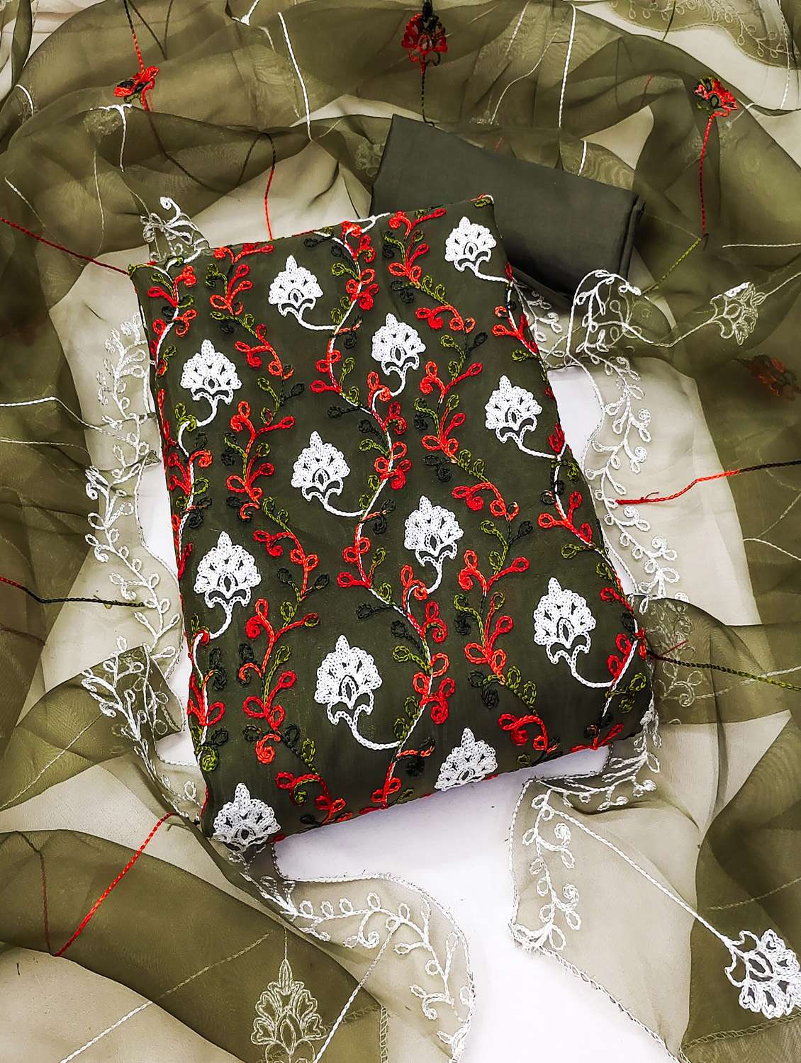 women solid with work unstitched suit set