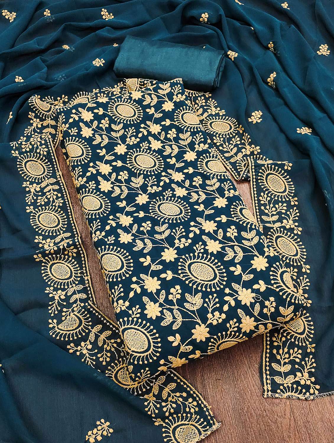 women solid with work unstitched suit set