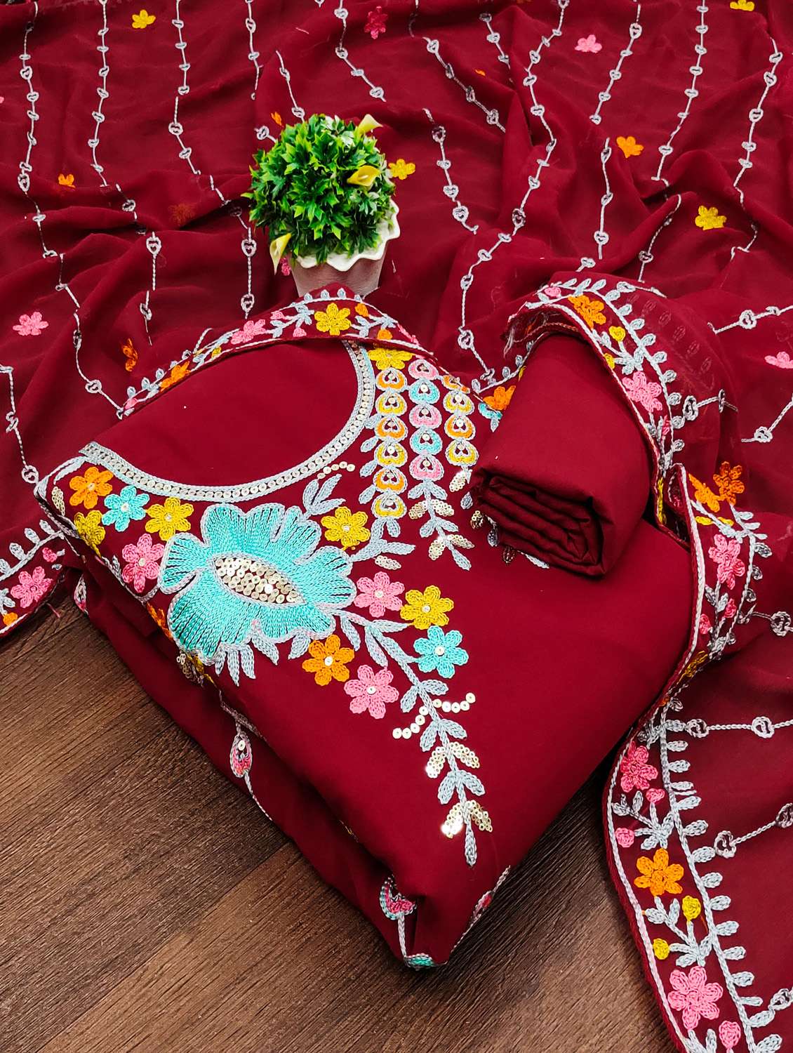 women solid with work unstitched suit set