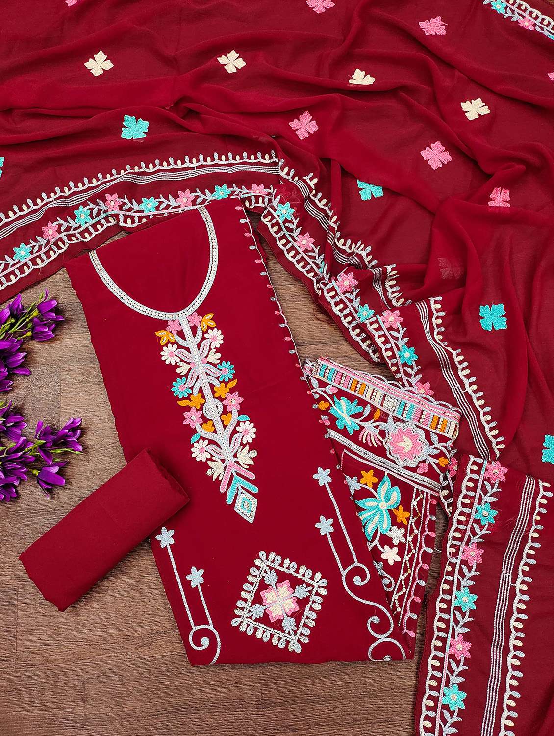 Women Solid With Work Unstitched Suit Set - 22420877 -  Standard Image - 3