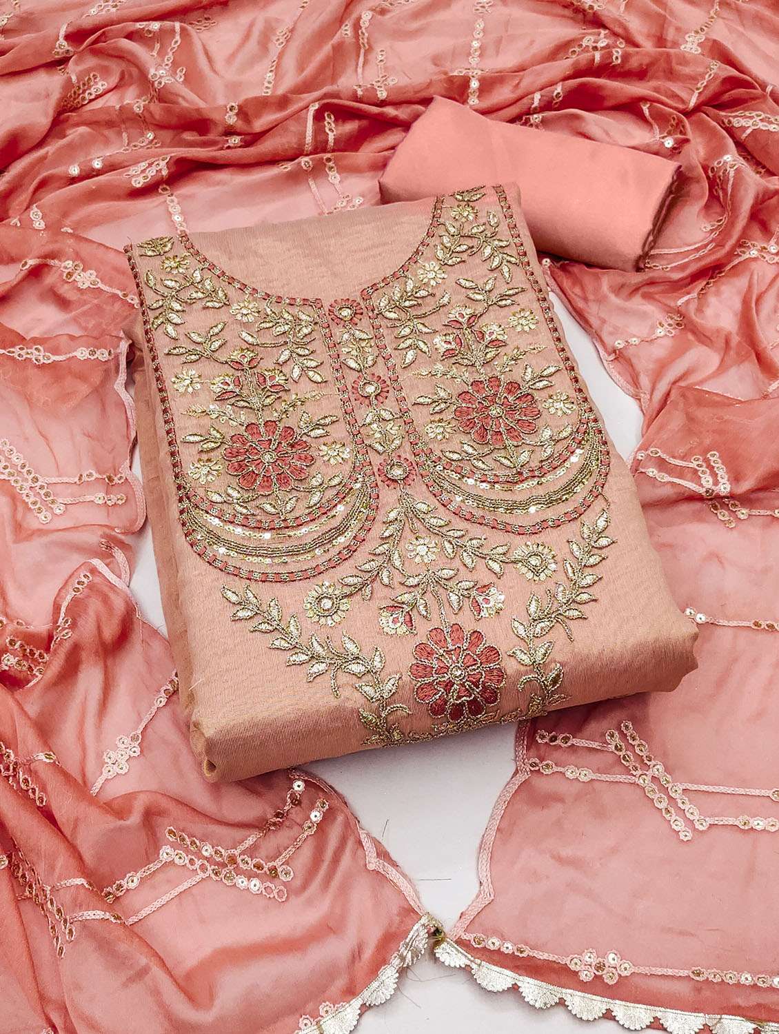 women solid with work unstitched suit set