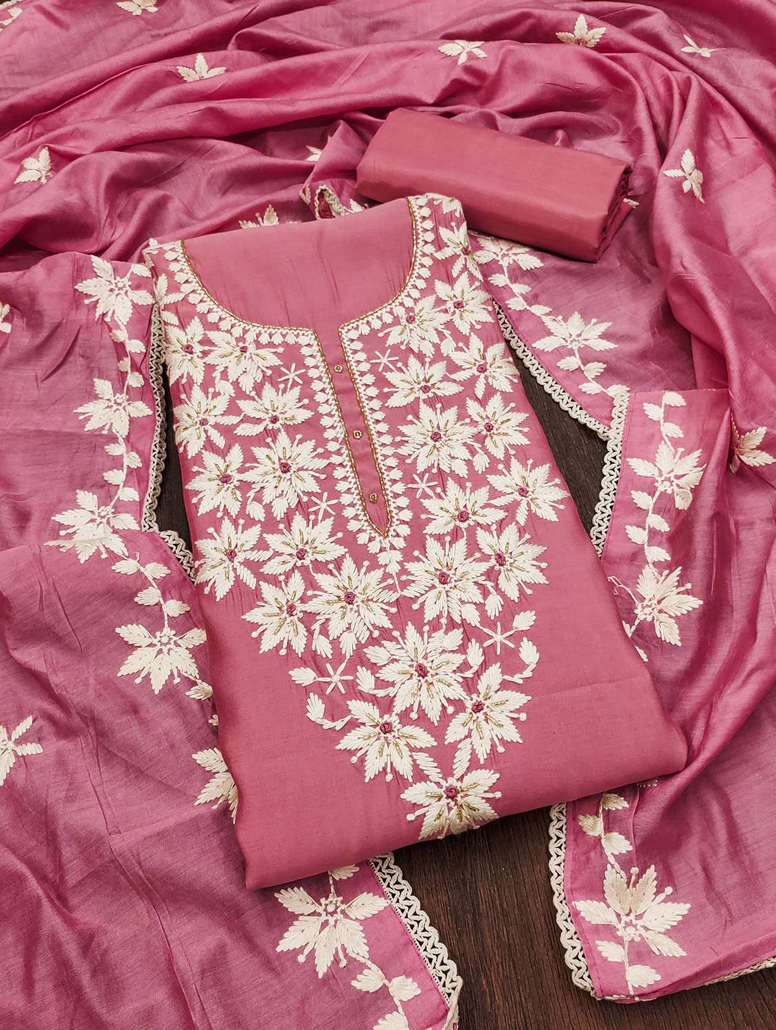 women solid with work unstitched suit set