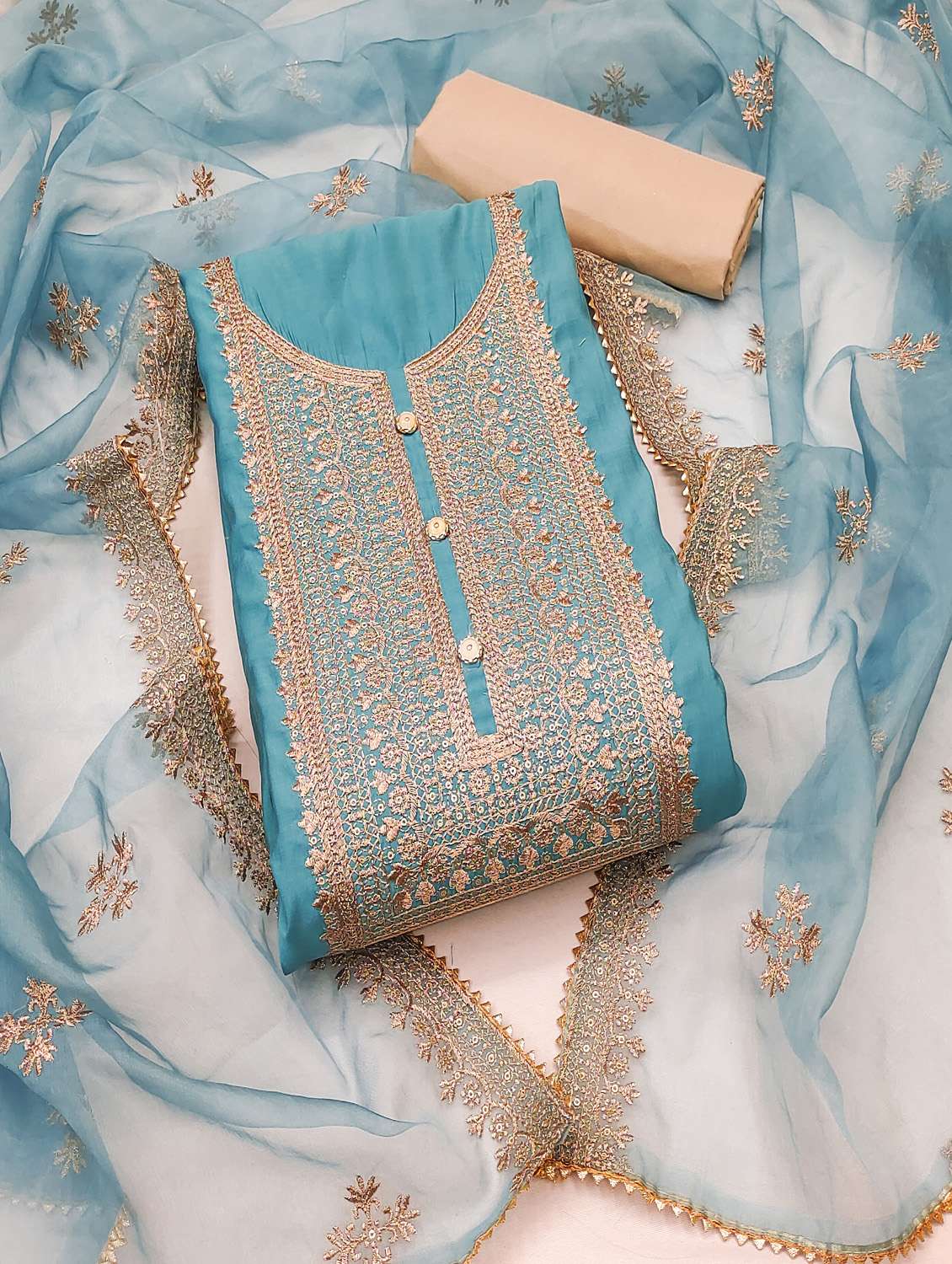 women solid with work unstitched suit set