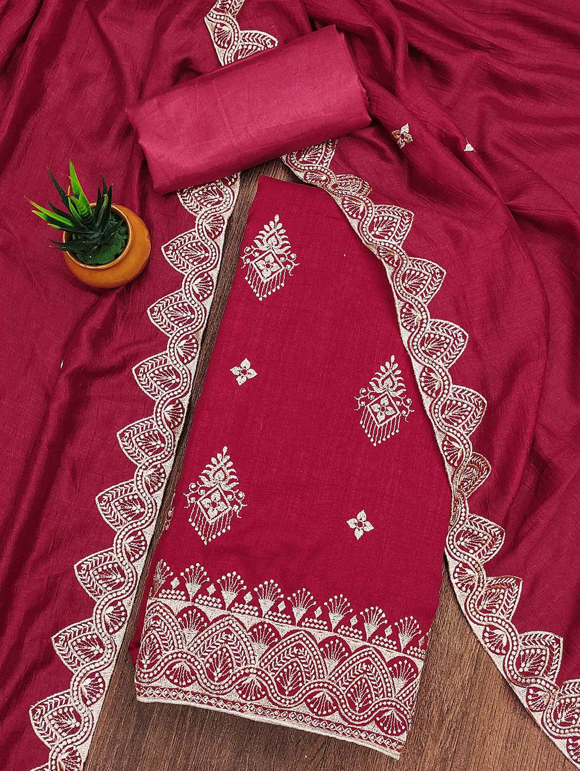 women solid with work unstitched suit set